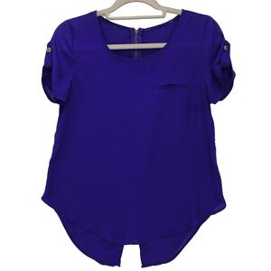 Edge Clothing Blue Roll Tab Sleeve Blouse S Zip Back Tulip Hem Chiffon Top